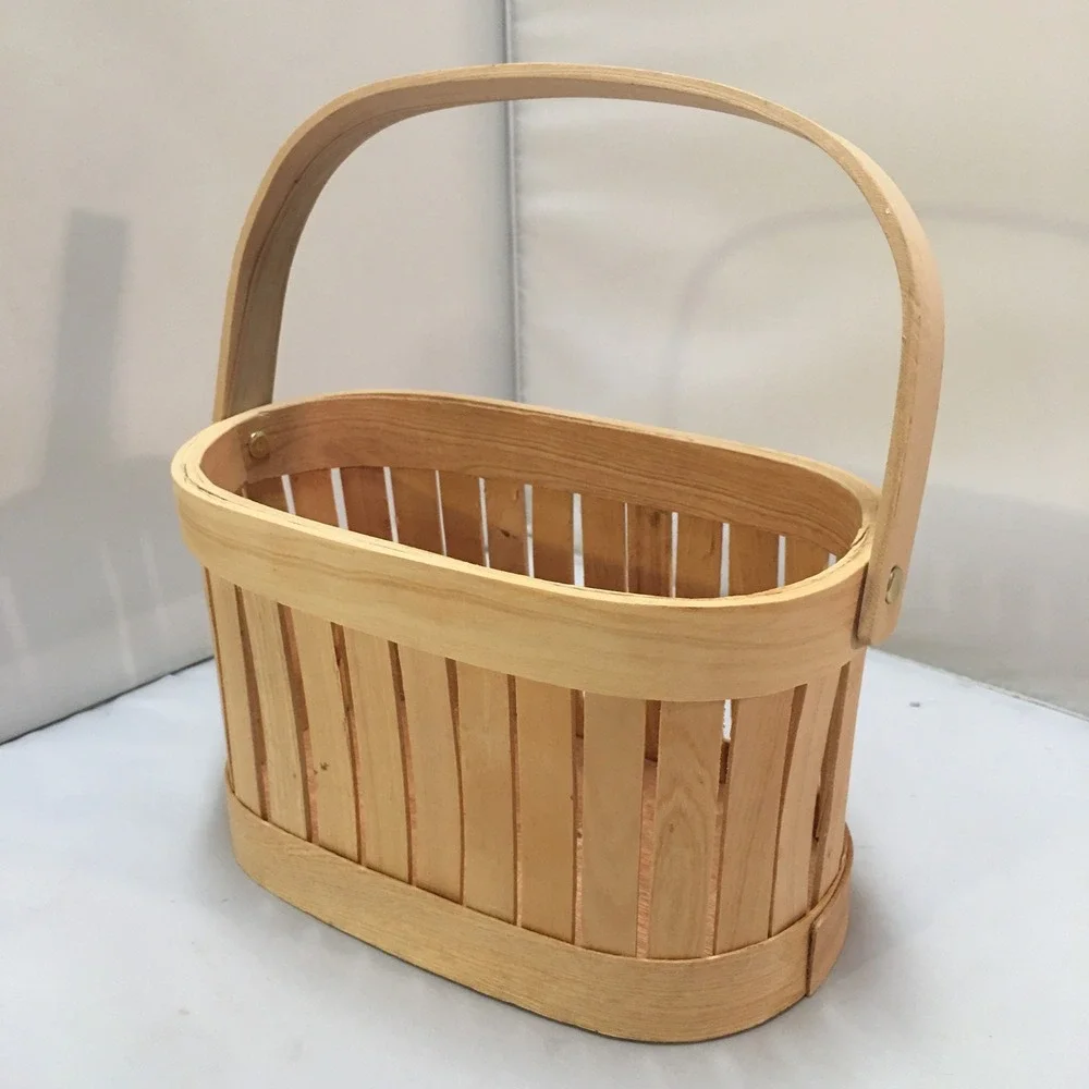 Wooden Slat Basket Home Decor Small Tan Oval Swing Handle Cottagecore